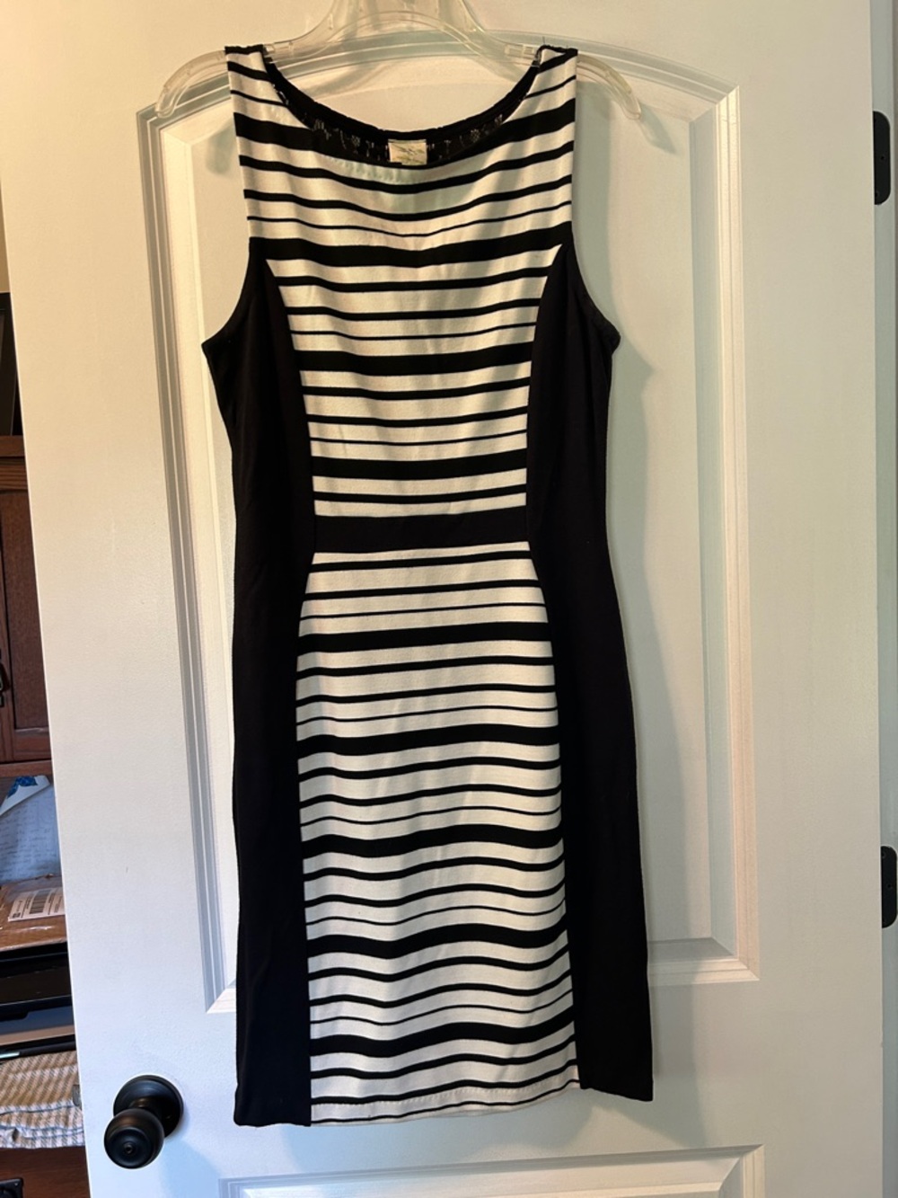 Sleeveless Black & White Striped Sheath Dress